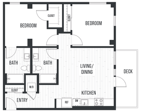 Floor plan 2H. Two bedroom, two bath at Sixth & Jackson Apartments in Japantown, San Jose.